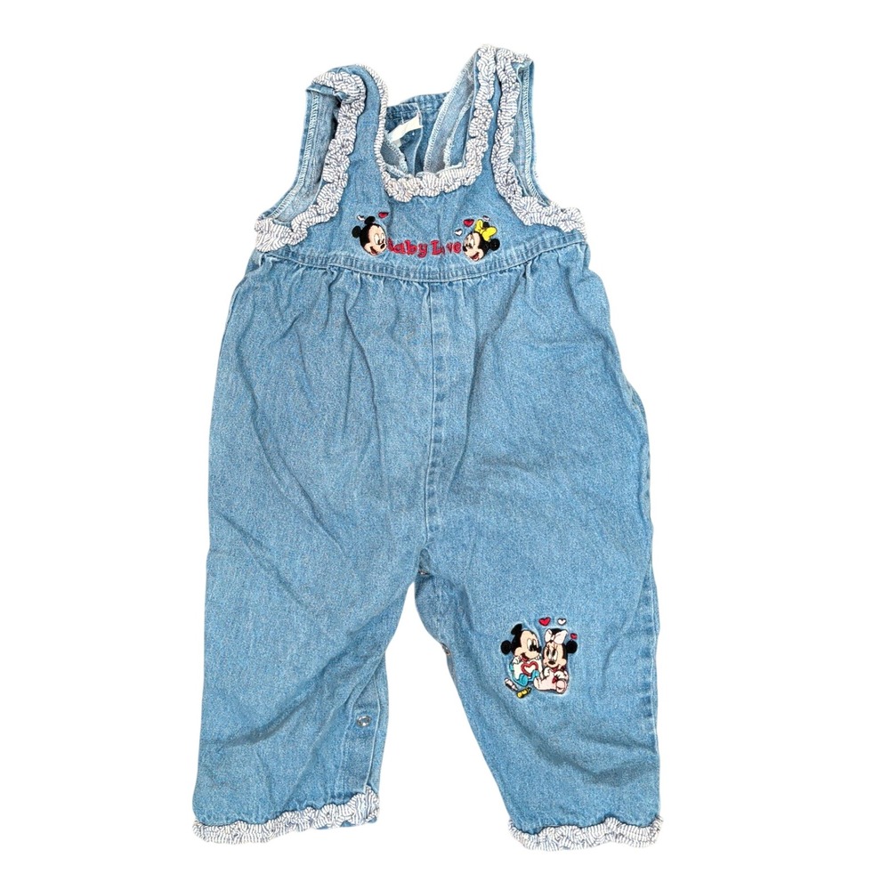 Vintage Disney Mickey Minnie Mouse Baby Love Denim Overalls Ruffle 18 Months Y2K